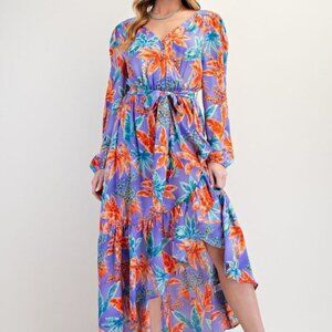 Easel Lilac Tropical Print “Mirabelle” Satin Tie-Waisted Maxi Dress | NWT | M